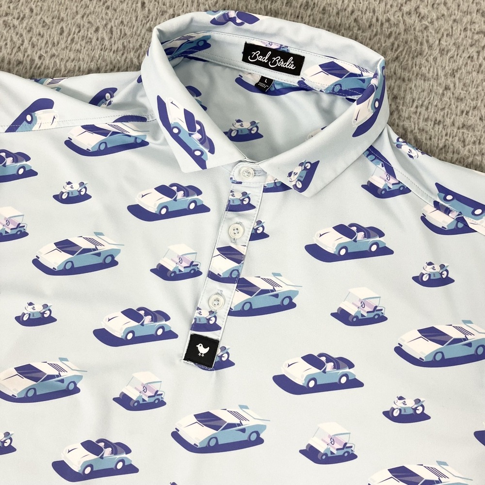 Bad Birdie Polo Shirt Mens Large Blue Car Golf Cart Print Golf Performance Top